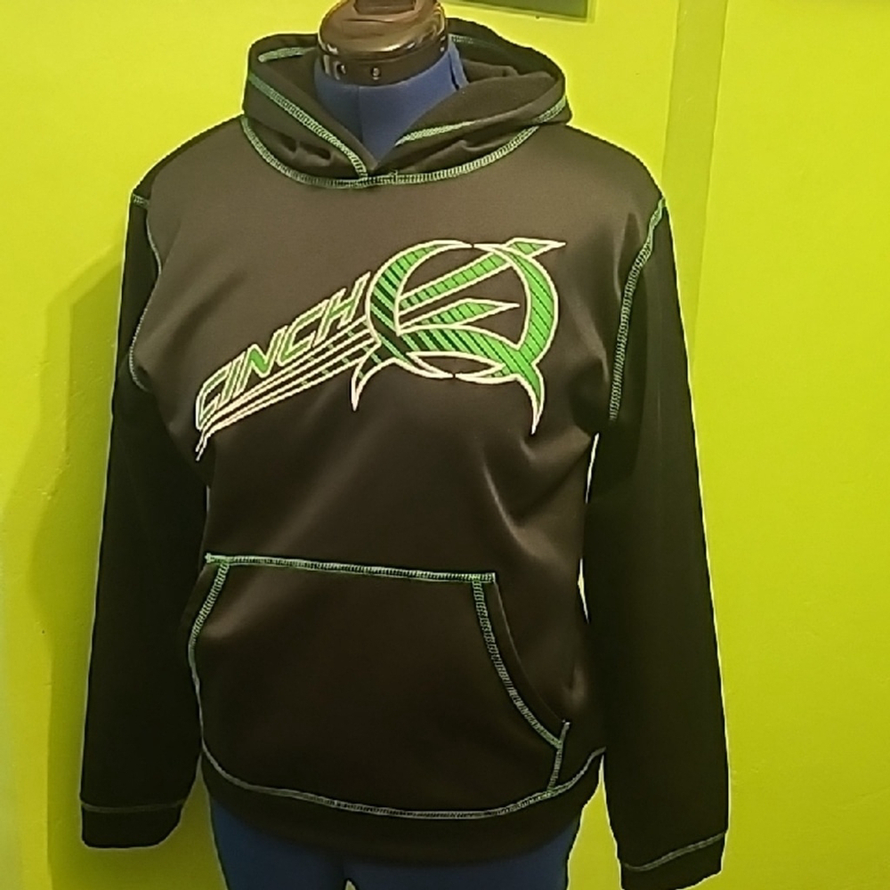 Cinch Hoodie With Kangaroo Pocket. Black/green. Sz Youth 14 =womens Sz.S.(#1577)